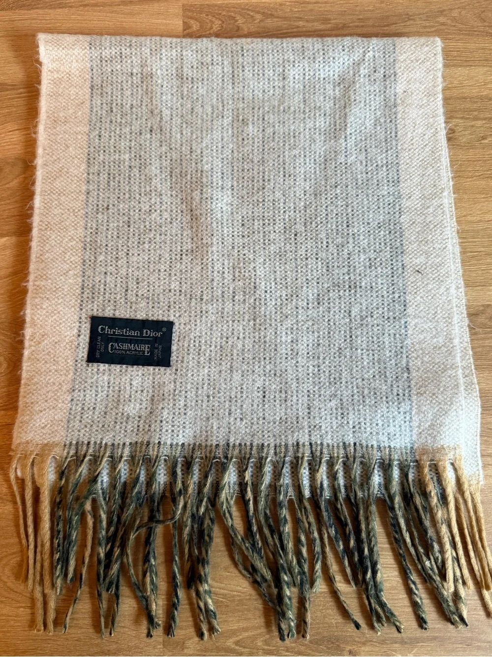 Vintage Christian Dior Cashmaire Fringed Scarf Cream Grey Green Block Stripe